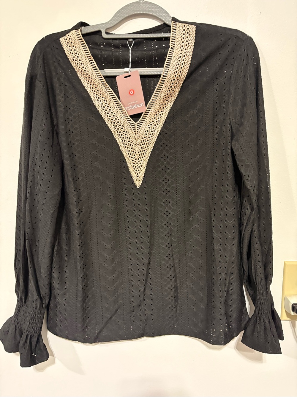 Yes Fashion Black Eyelet Blouse with Gold Crochet V-Neck